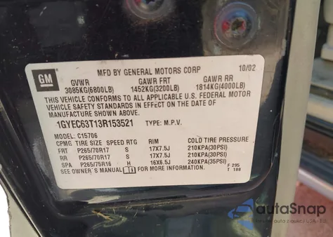 2003 Cadillac Escalade Standard from USA, damaged, VIN 1GYEC63T13R153521